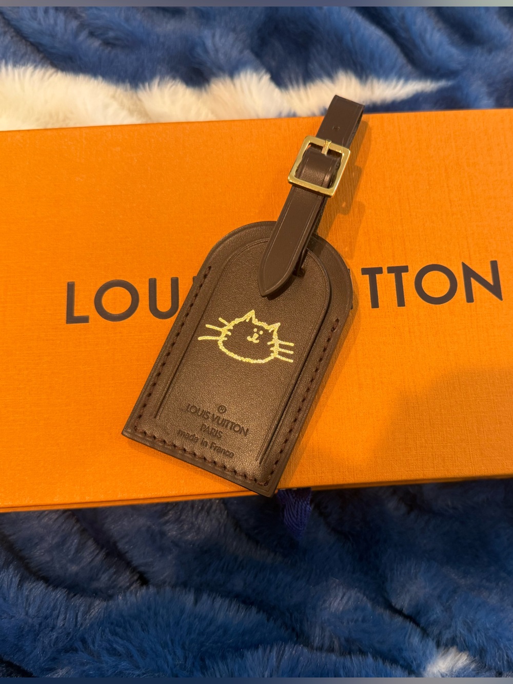 Louis Vuitton Brown Leather Cat Luggage Tag with Gold Accent